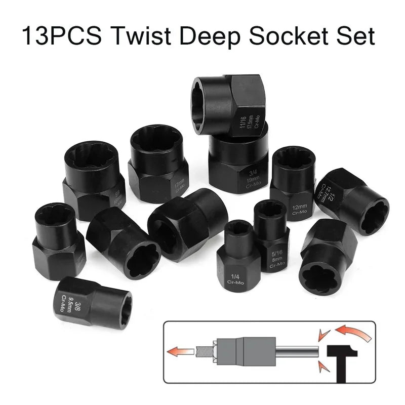Damaged & Stripped Bolt Nut Remover Set - 10/13pc Impact Socket Extractor Tool Kit