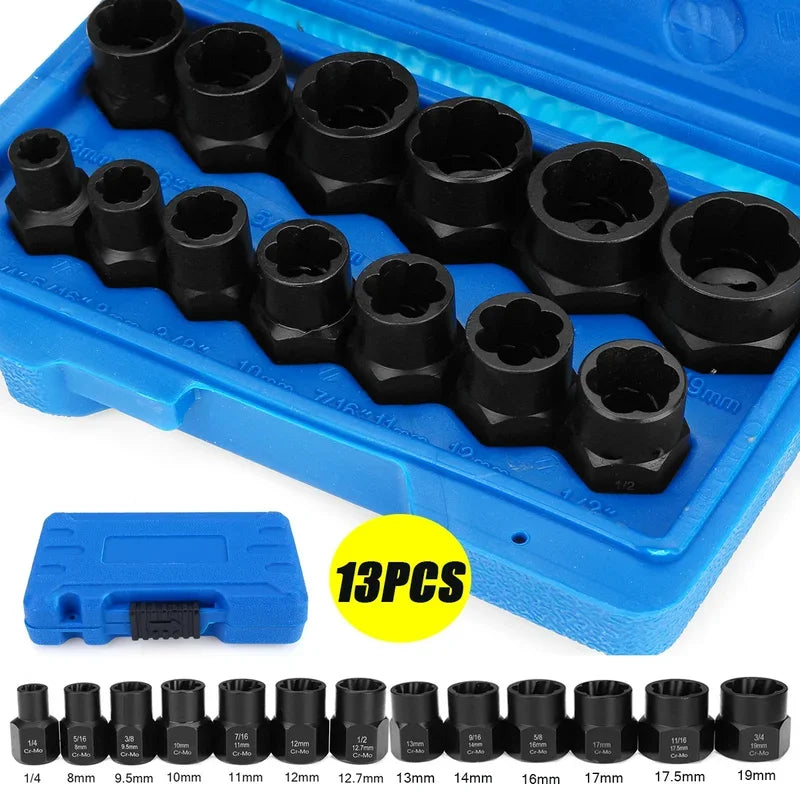 Damaged & Stripped Bolt Nut Remover Set - 10/13pc Impact Socket Extractor Tool Kit