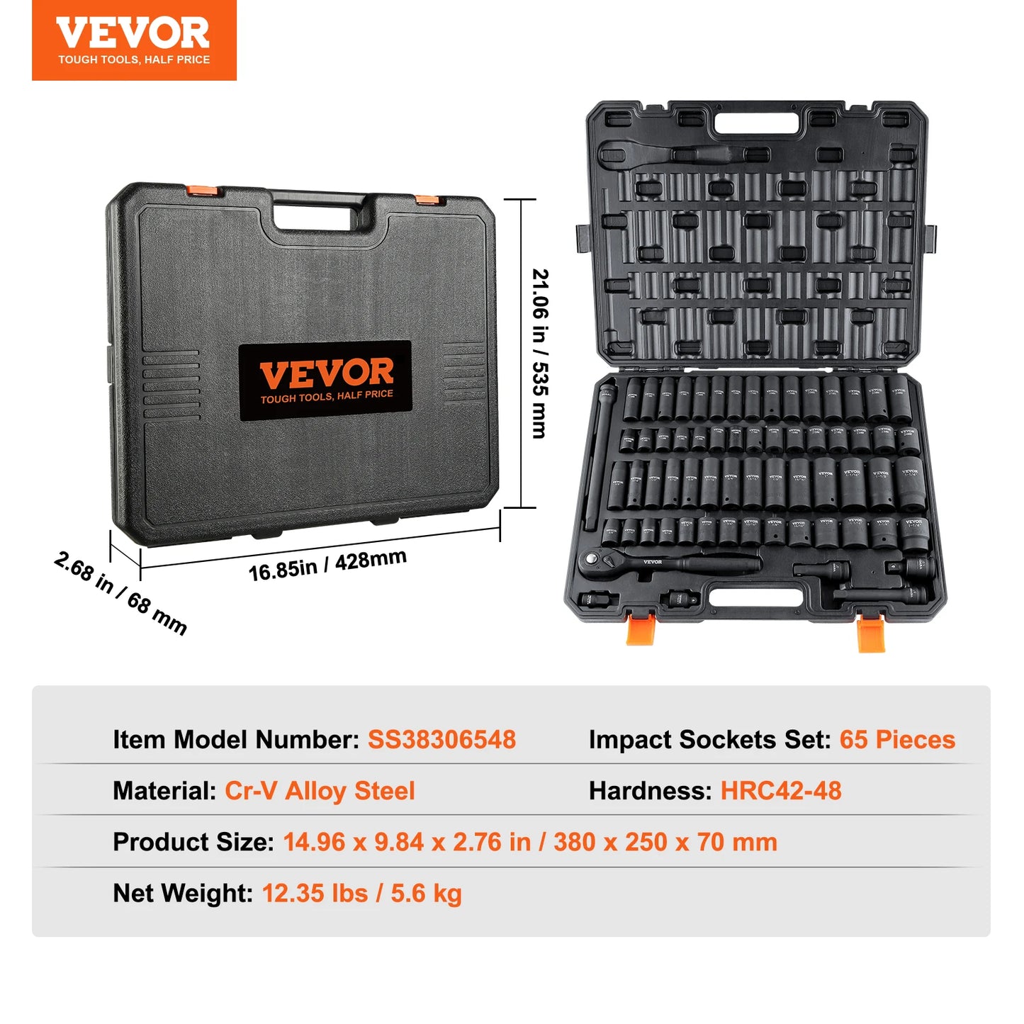 VEVOR Impact Socket Set - 1/2" Drive, Easy-Read Markings, Rugged Case