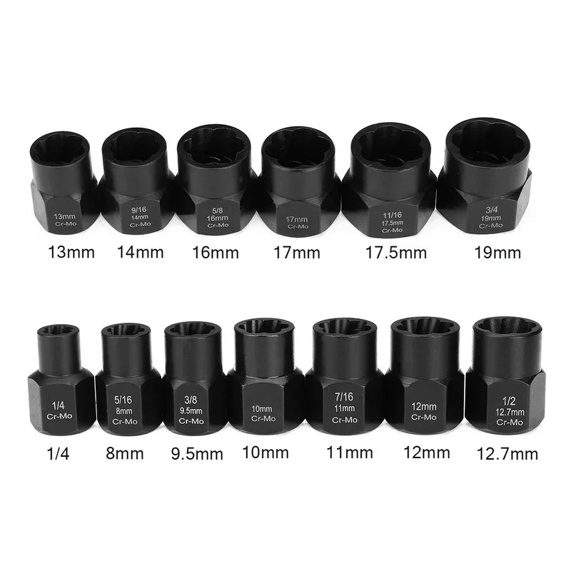 Damaged & Stripped Bolt Nut Remover Set - 10/13pc Impact Socket Extractor Tool Kit