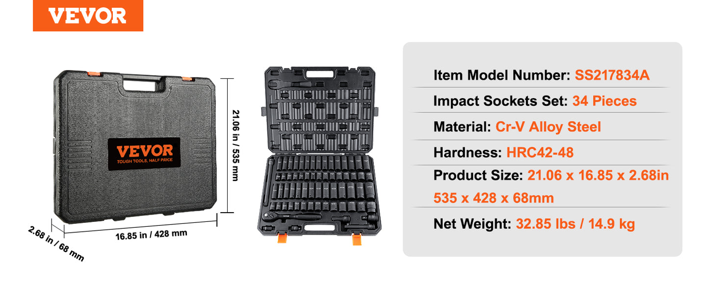 VEVOR Impact Socket Set - 1/2" Drive, Easy-Read Markings, Rugged Case