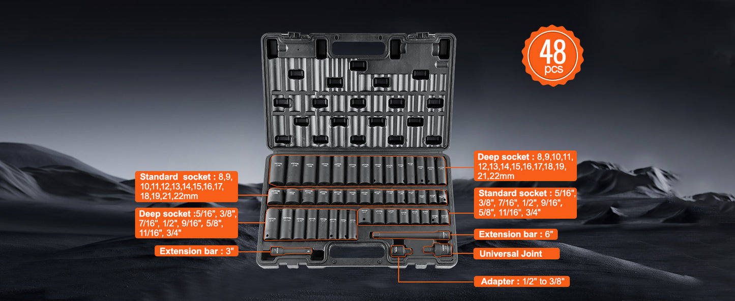 VEVOR Impact Socket Set - 1/2" Drive, Easy-Read Markings, Rugged Case