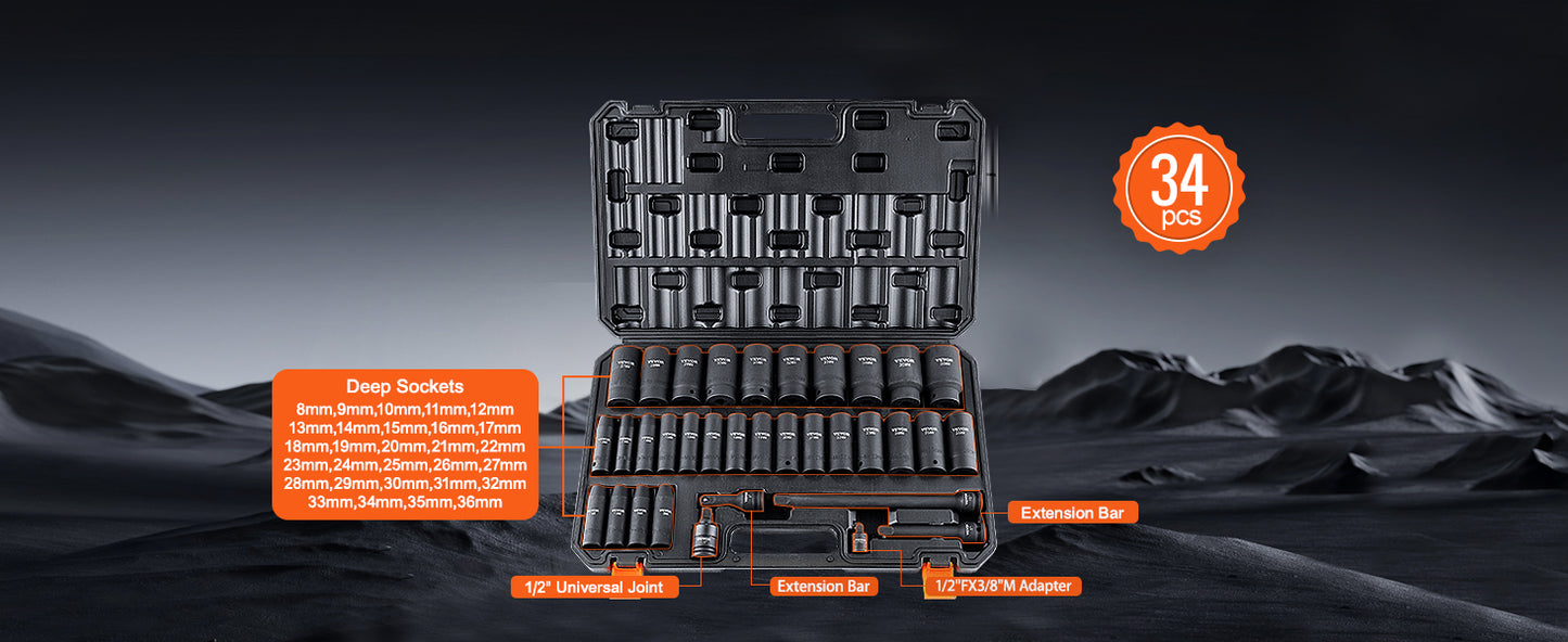 VEVOR Impact Socket Set - 1/2" Drive, Easy-Read Markings, Rugged Case