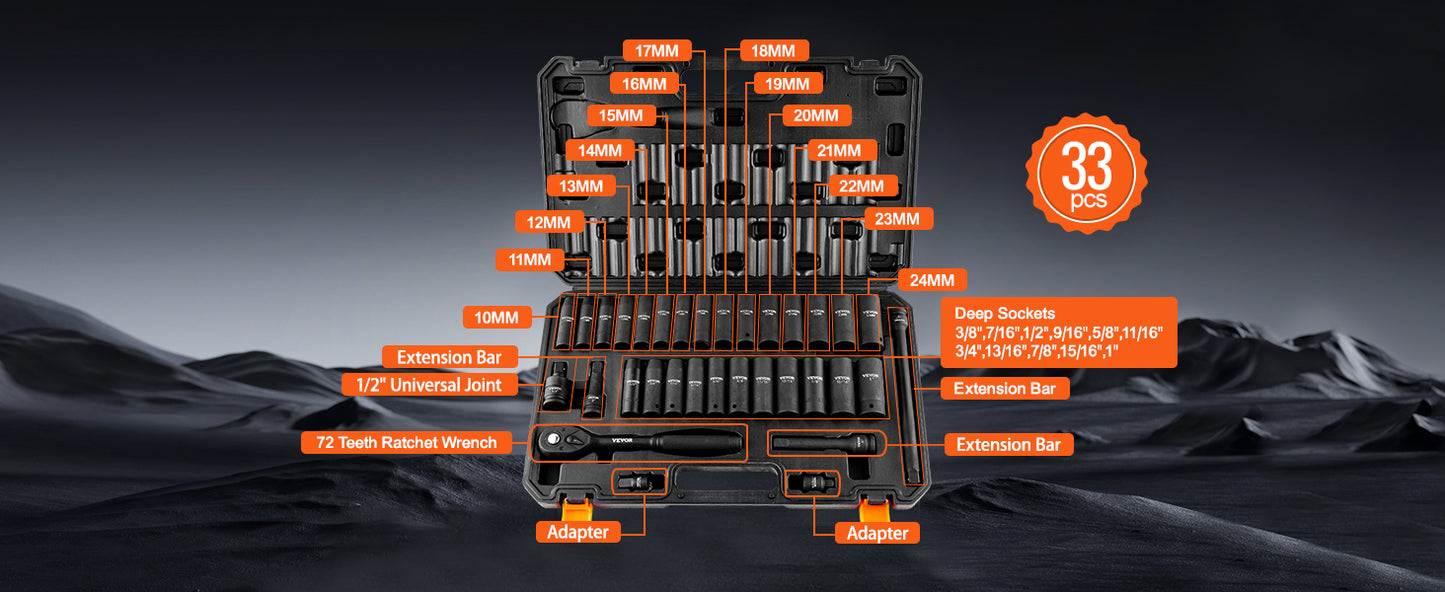 VEVOR Impact Socket Set - 1/2" Drive, Easy-Read Markings, Rugged Case