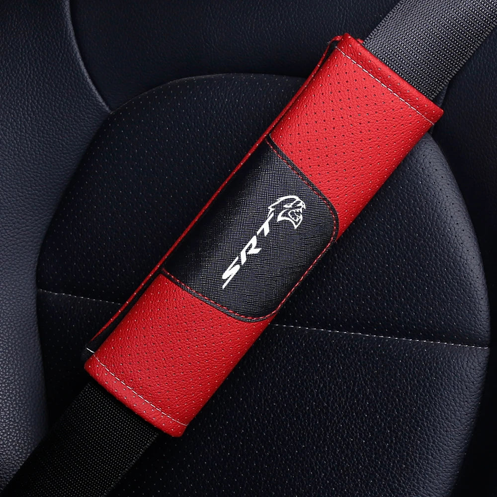 1Pieces High Quality Car Interior Genuine Leather Seat Belt Shoulder Cover Pad For Dodge SRT Mopar Challenger Hellcat Redeye