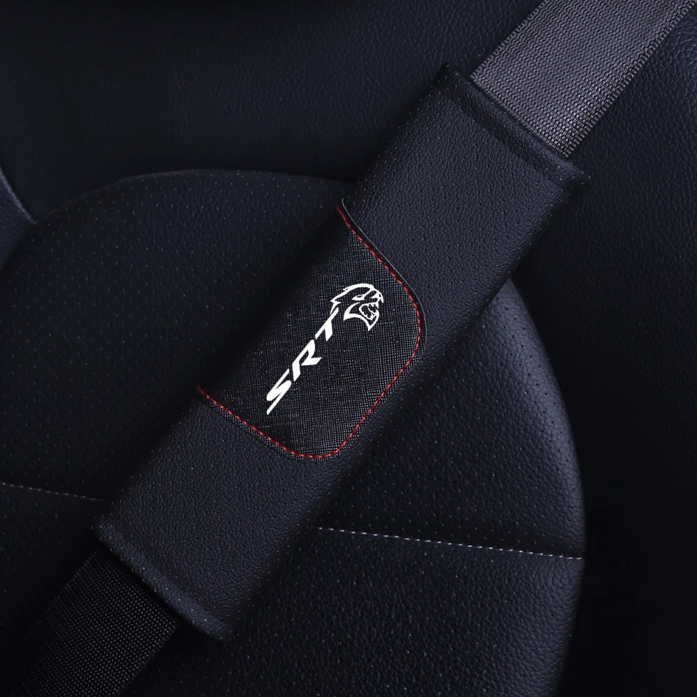 1Pieces High Quality Car Interior Genuine Leather Seat Belt Shoulder Cover Pad For Dodge SRT Mopar Challenger Hellcat Redeye