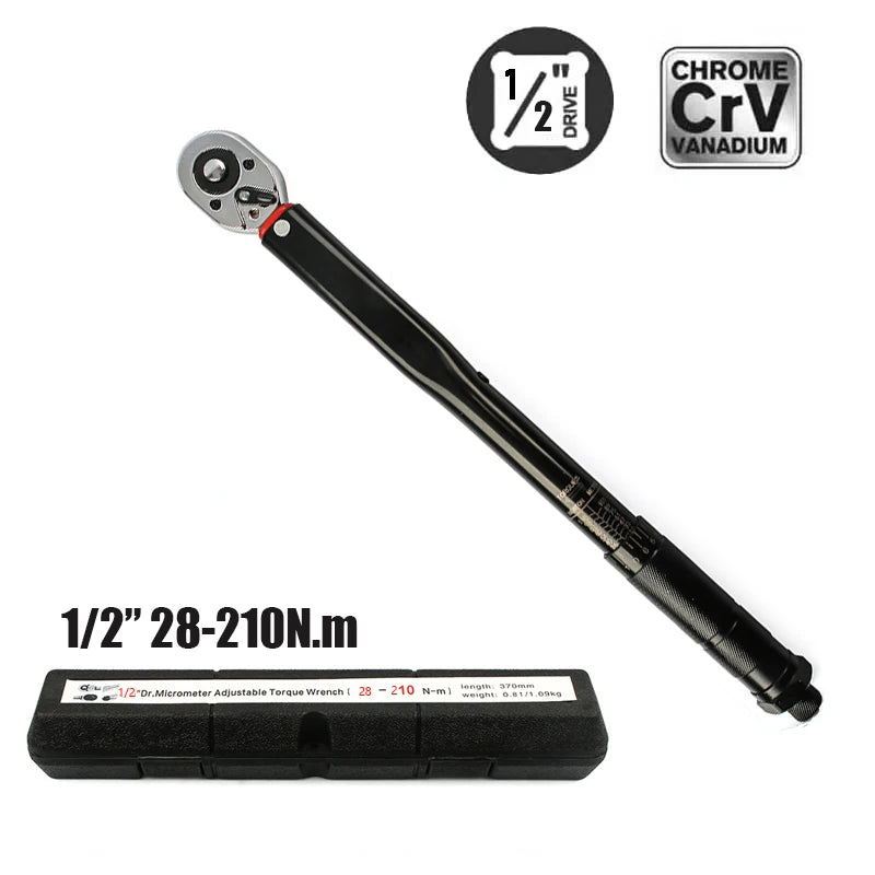 Precision 1/2" Drive Click Torque Wrench – 10-210 NM  – Reversible Ratchet for Automotive, Motorcycle & Bicycle Repair
